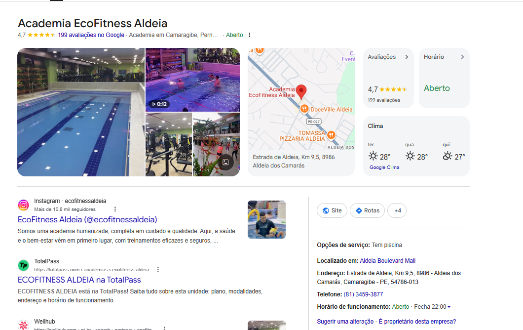 Print da busca pública da Academia EcoFitness Aldeia no Google
